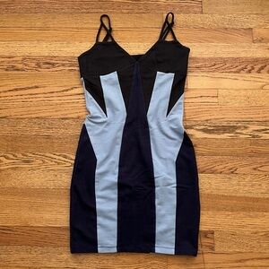Modern Crisscross Denim Dark Grey & Blues Bodycon Dress